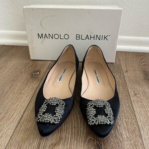 Manolo Blahnik Hangisi crystal embellished satin point toe flats